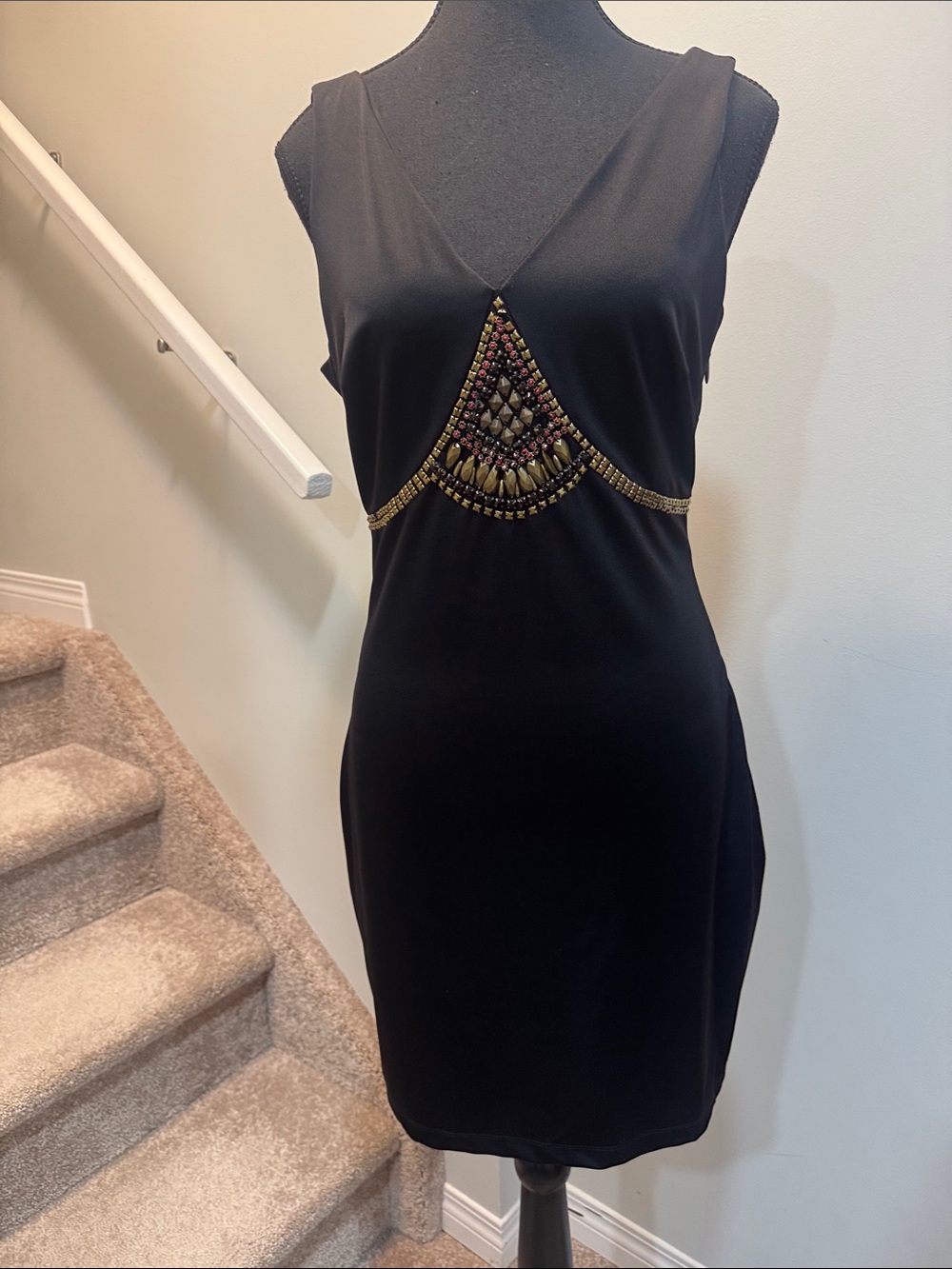 bebe Black Mini Dress with Gold and Pink Beaded Waist Detail